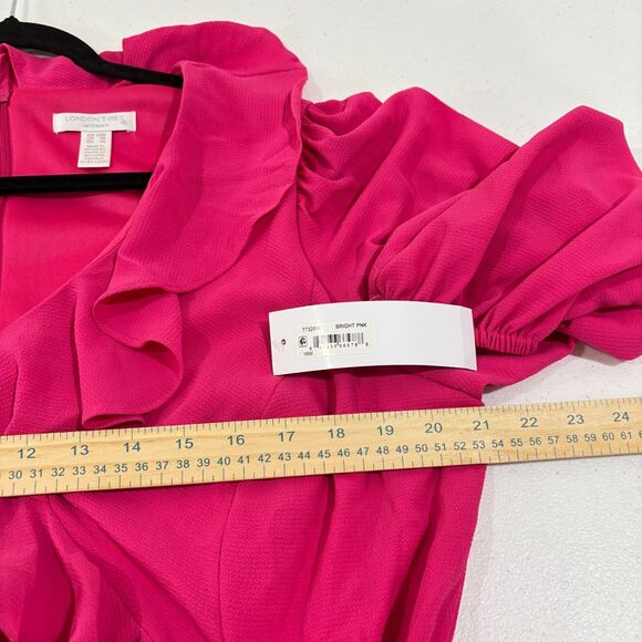 LONDON TIMES NWT Hot Pink Midi Faux Wrap Dress Plus Size 16W Ruffles Long Sleeve - Picture 9 of 11